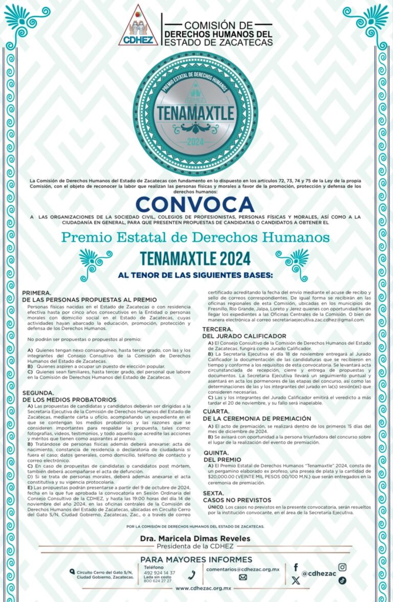Convoca CDHEZ a premio estatal de derechos humanos “Tenamaxtle 2024”