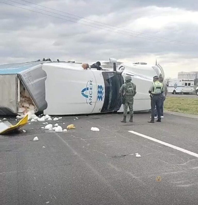 Vuelca camión con pollos congelados