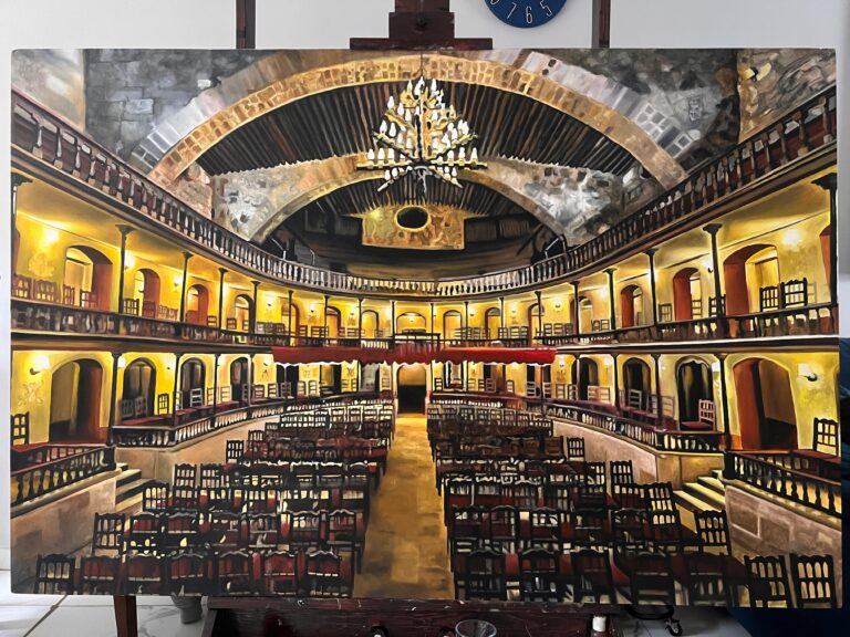 Un reto, pintura del teatro Hinojosa: Edith Bañuelos