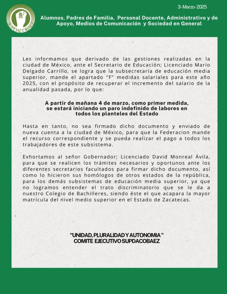 Anuncian paro en el COBAEZ