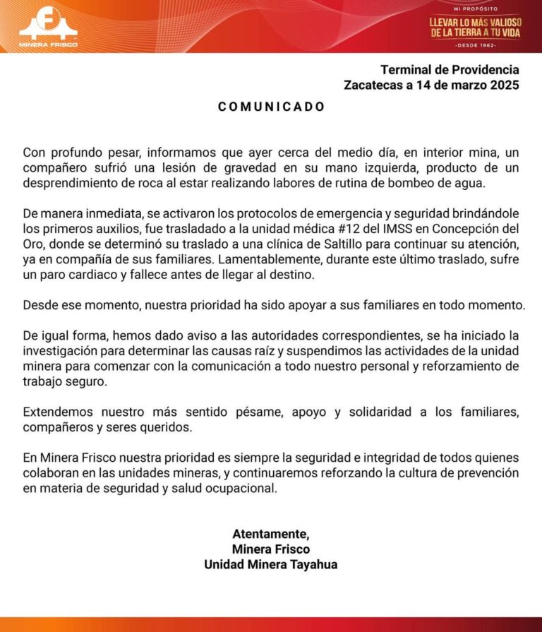 Suspenden actividades en mina Frisco por muerte de trabajador