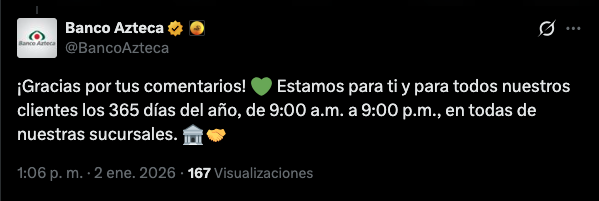 A través de sus redes sociales, Banco Azteca explicó que tiene servicio los 365 días del año, incluido este 16 de marzo en Zacatecas. Foto: X/BancoAzteca