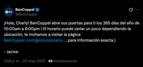 En repetidas ocasiones, BanCoppel ha recordado a sus usuarios que trabaja todos los días del año, por lo que este lunes 16 de marzo sí abrieron en Zacatecas. Foto: X/BanCoppel