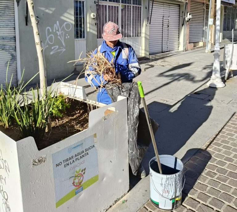 Realizan limpieza en macetones y fuente del Paseo Peatonal