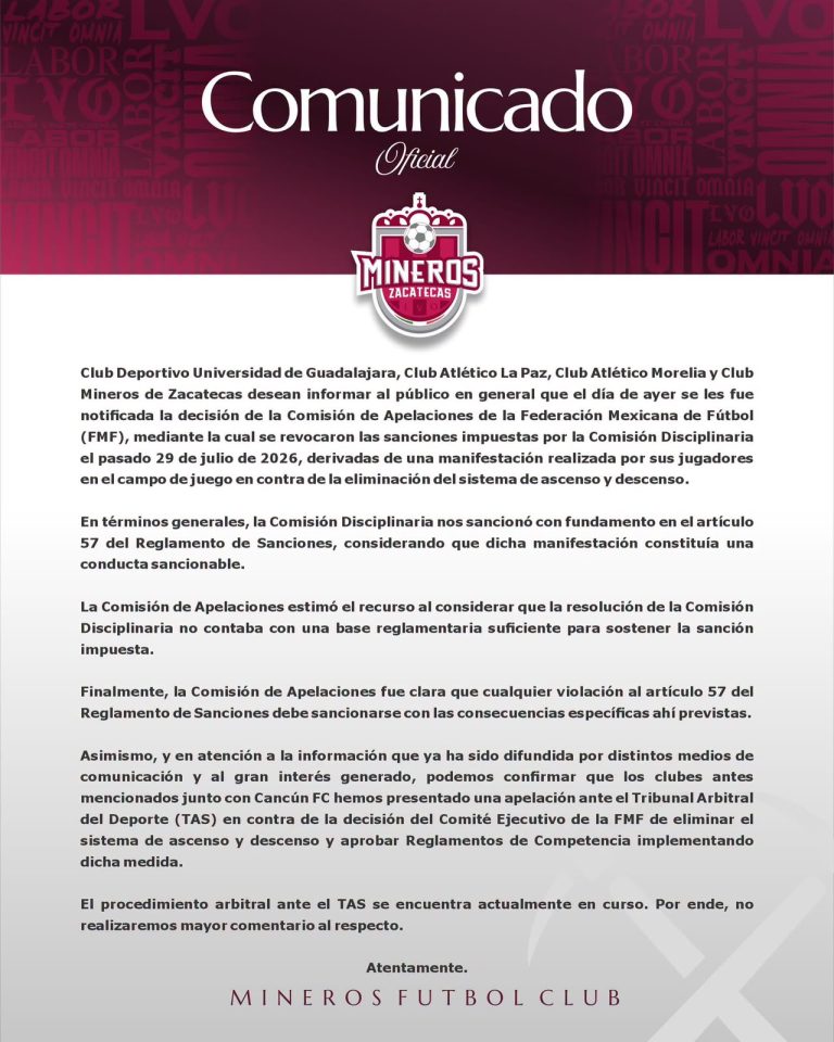 Revocan sanciones a Mineros; mantienen apelación ante el TAS
